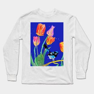 Abstract Blue Wren and Tulips Painting - on Navy Blue Long Sleeve T-Shirt